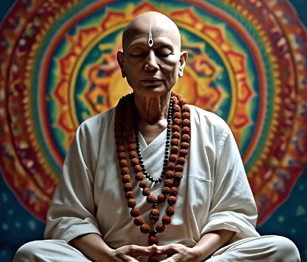 A serene image of a person meditating with a Rudraksha mala, emphasizing the connection between spiritual practice and the protective qualities of the beads